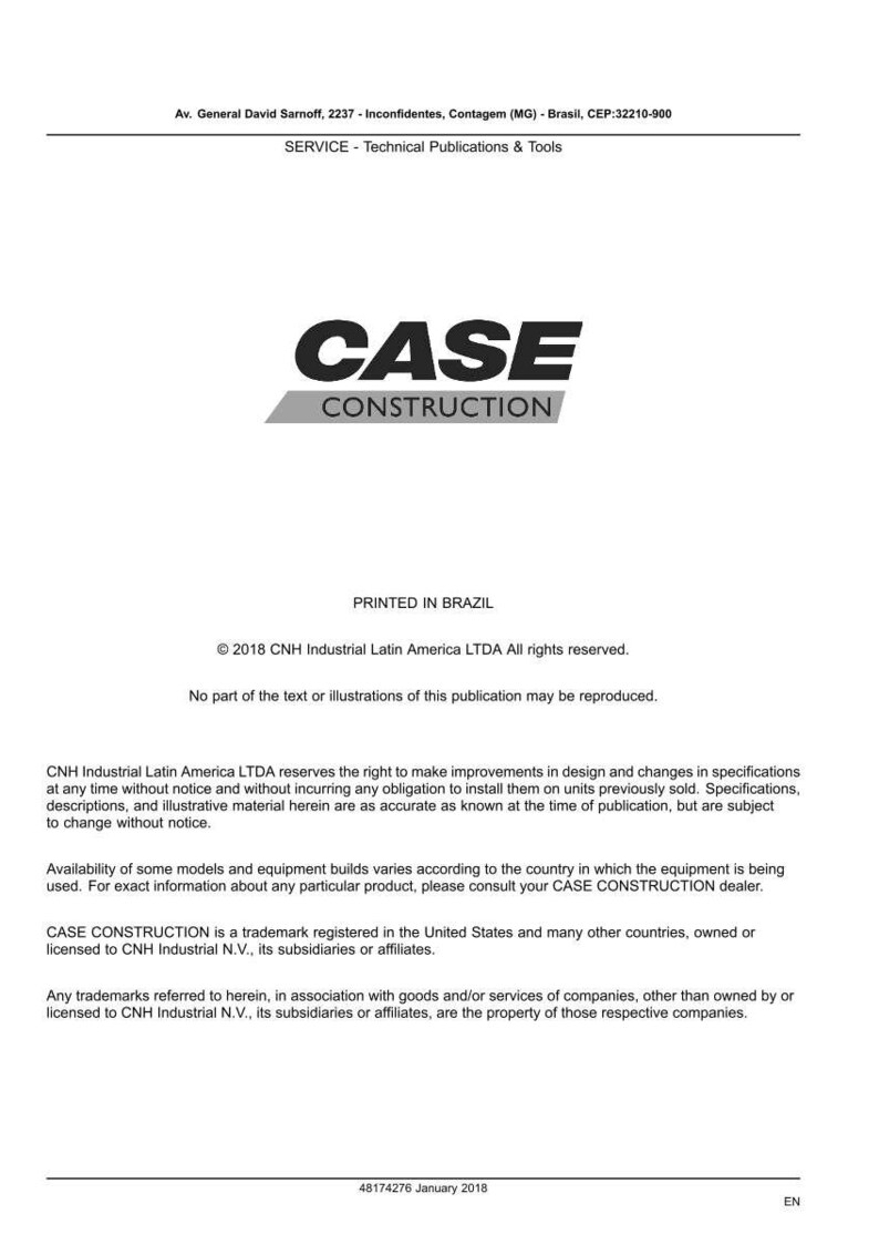 May include: A white document with the "CASE CONSTRUCTION" logo in black and gray. The document includes text about technical publications and tools, and copyright information. The document is printed in Brazil.