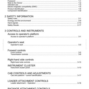 May include: A white document page with the title "Contents" at the top. The document lists various sections including "General Information", "Safety Information", "Controls and Instruments", and "Cab Controls and Adjustments".