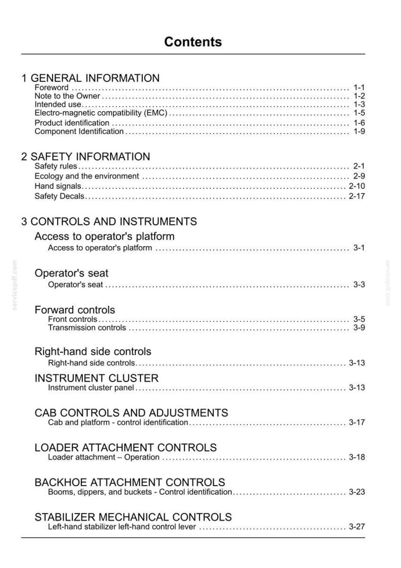May include: A white document page with the title "Contents" at the top. The document lists various sections including "General Information", "Safety Information", "Controls and Instruments", and "Cab Controls and Adjustments".