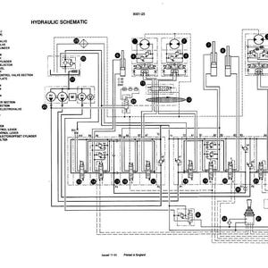 May include: A detailed hydraulic schematic diagram with numerous lines, symbols, and labels. The diagram is in black and white, with text indicating various components like motors, valves, and cylinders. The title "HYDRAULIC SCHEMATIC" is at the top.