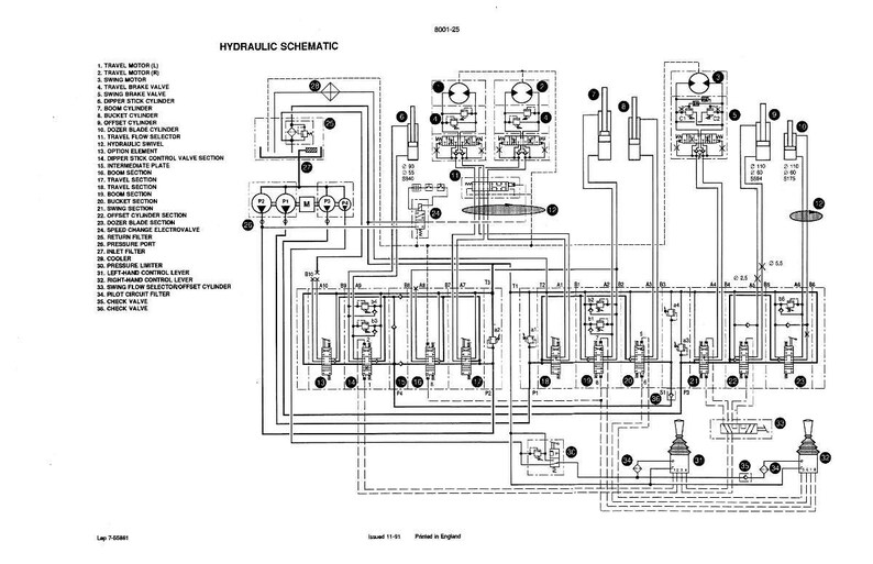 May include: A detailed hydraulic schematic diagram with numerous lines, symbols, and labels. The diagram is in black and white, with text indicating various components like motors, valves, and cylinders. The title "HYDRAULIC SCHEMATIC" is at the top.