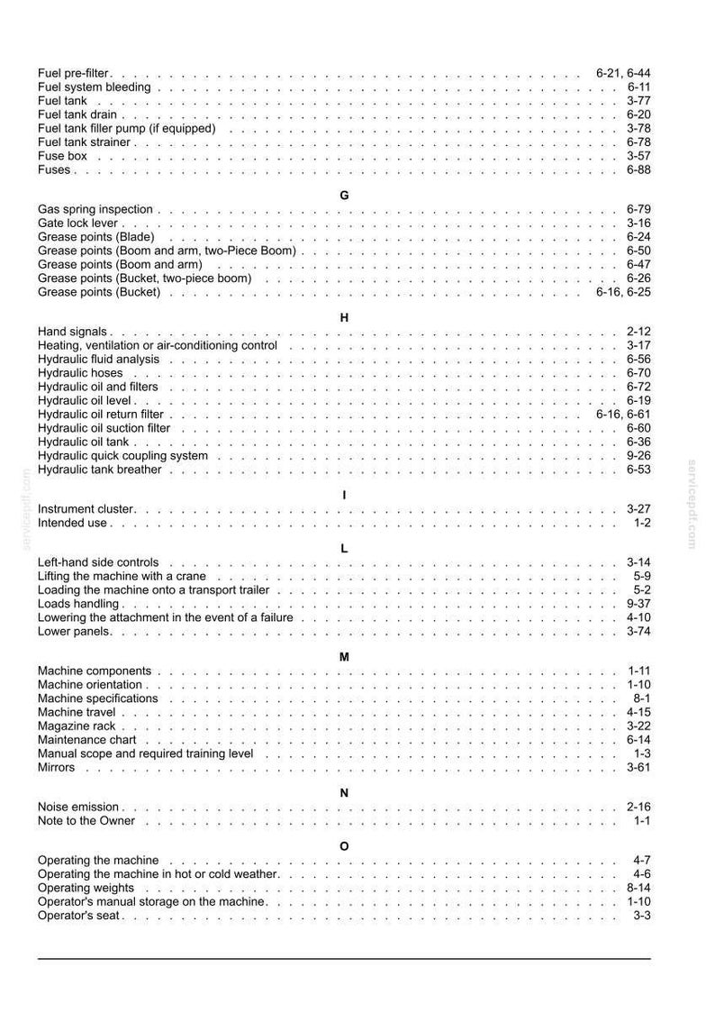 May include: A detailed page from a service manual, featuring a table of contents with various mechanical and operational topics. The text is black on a white background, with headings and page numbers.