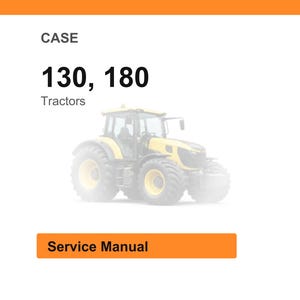 Pu&ograve; includere: Immagine di un trattore giallo e grigio. Il testo in alto recita "CASE" e "130, 180 Trattori". Sotto il trattore c'&egrave; un rettangolo arancione con le parole "Service Manual".