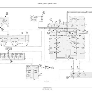 May include: A detailed diagram of a hydraulic system, rendered in black and white. The schematic includes various components such as pumps, valves, and lines, with numbered labels and text annotations. The layout is complex and technical.