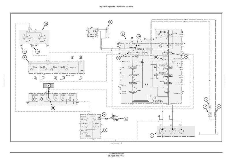 May include: A detailed diagram of a hydraulic system, rendered in black and white. The schematic includes various components such as pumps, valves, and lines, with numbered labels and text annotations. The layout is complex and technical.