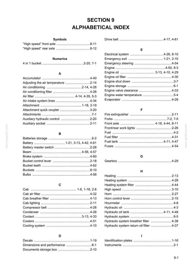 May include: A detailed alphabetical index from a manual, listing various automotive components and systems. The page is organized with clear headings and subheadings, including "Symbols," "Numerics," and entries from A to I. The text is black on a white background.