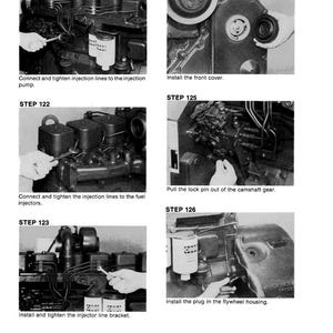 May include: A black and white diagram with six steps for engine repair. The steps include connecting and tightening injection lines, installing the front cover, and installing the plug in the flywheel housing. Text includes "STEP" and "Issued 10-84 Printed in U.S.A."