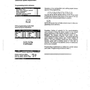 May include: A page from a diagnostic system operating instructions manual. The document includes sections on electrical speed adjustment, programming mode submenus, and PCS programming modes. Text and diagrams are present, with a focus on technical data and settings.
