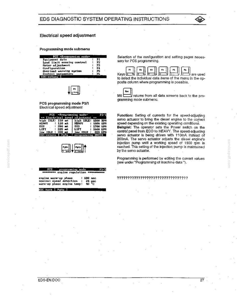 May include: A page from a diagnostic system operating instructions manual. The document includes sections on electrical speed adjustment, programming mode submenus, and PCS programming modes. Text and diagrams are present, with a focus on technical data and settings.