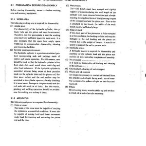 May include: A technical document page titled 3. DISASSEMBLY AND ASSEMBLY, containing detailed instructions for preparing a workspace, including requirements for a work bench, support stand, hydraulic source, air source, and cleaning equipment.