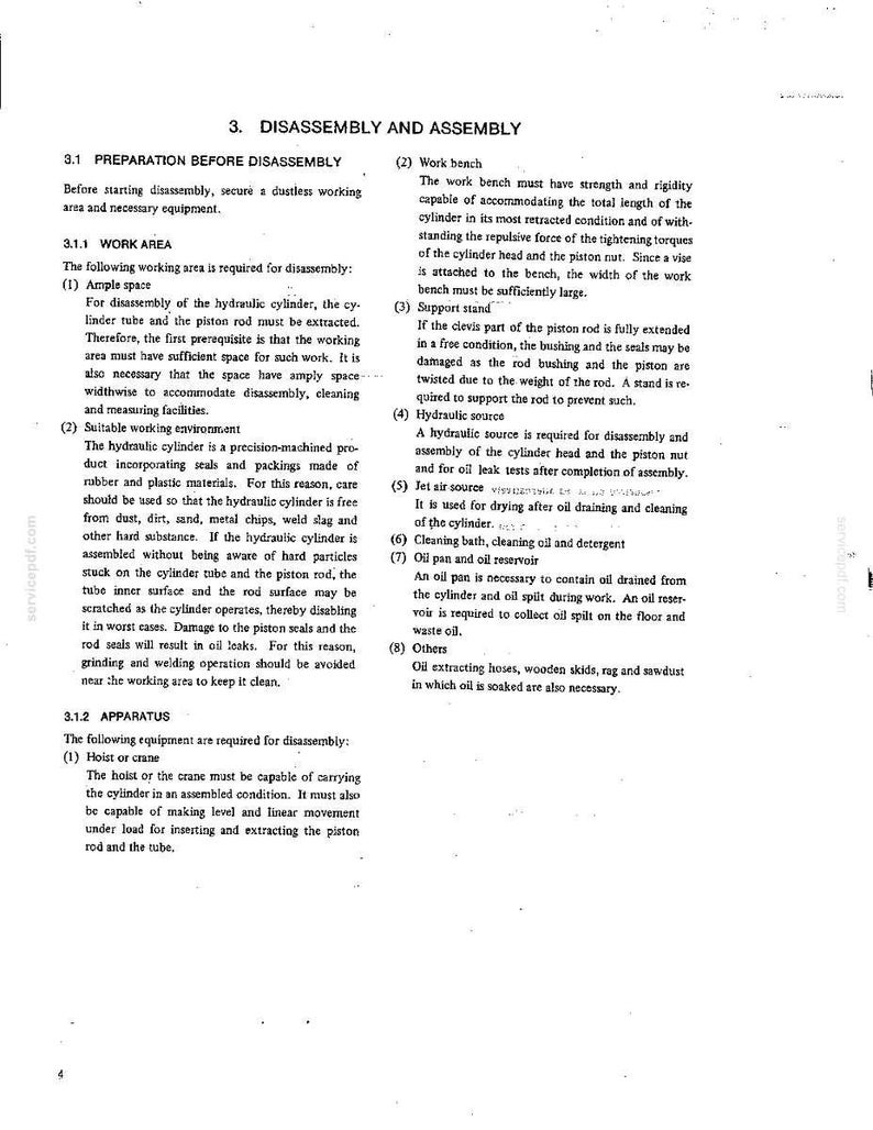May include: A technical document page titled 3. DISASSEMBLY AND ASSEMBLY, containing detailed instructions for preparing a workspace, including requirements for a work bench, support stand, hydraulic source, air source, and cleaning equipment.
