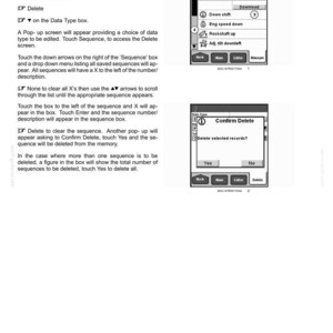 May include: A technical manual page titled 6-WORKING OPERATIONS, Deleting a sequence with color display. It includes text instructions and two black and white screen captures showing menu options like Implement, Sequence, Download, and Confirm Delete.