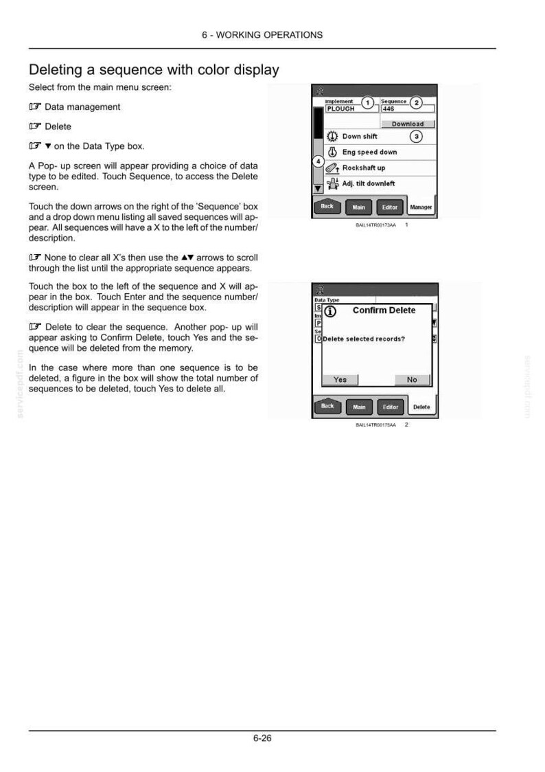 May include: A technical manual page titled 6-WORKING OPERATIONS, Deleting a sequence with color display. It includes text instructions and two black and white screen captures showing menu options like Implement, Sequence, Download, and Confirm Delete.