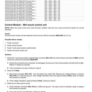 May include: A technical document with fault codes for an electrical system. The text includes troubleshooting steps for a short circuit in the mid mount control unit, with connector and voltage checks. The document is dated July 18, 2016.