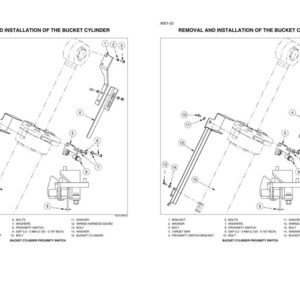 May include: A technical diagram titled REMOVAL AND INSTALLATION OF THE BUCKET CYLINDER, showing numbered parts including a bracket, washers, bolts, target bar, proximity switch, and wiring harness guard with a specified gap of 3.2 - 5 MM (0.125 - 0.197 INCH).