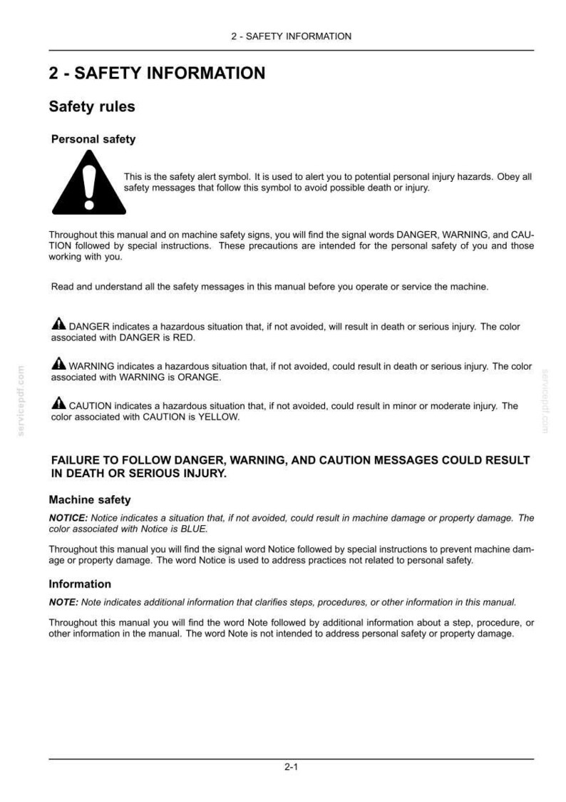 May include: A black and white document titled 2-SAFETY INFORMATION. It outlines safety rules, personal safety, and machine safety. It defines signal words: DANGER in red, WARNING in orange, CAUTION in yellow, and NOTICE in blue for machine safety.