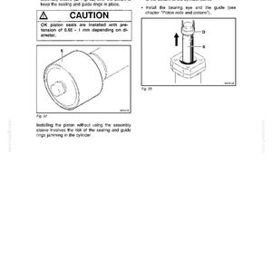 Op de afbeelding: Pagina uit een technisch handboek, "TECHNICAL HANDBOOK EC 450", met diagrammen en instructies. Bevat een "CAUTION"-sectie en illustraties van zuigeronderdelen. De tekst waarschuwt voor risico's bij montage zonder de montagehuls.