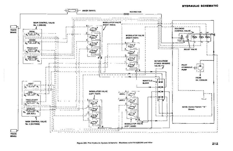 K&ouml;nnte beinhalten: Ein schwarz-wei&szlig;es Hydraulikschema mit Beschriftungen f&uuml;r verschiedene Komponenten, darunter Ventile, Pumpen und Steuerungssysteme. Das Diagramm enth&auml;lt Text wie "Hydraulic Schematic" und "Track Brake".
