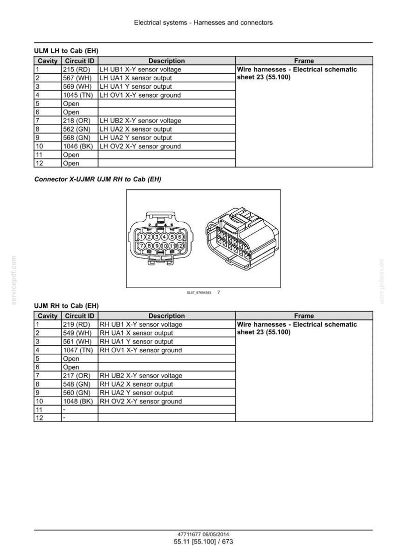 May include: Diagram of electrical systems, harnesses, and connectors. Includes tables detailing cavity, circuit ID, and description, along with connector diagrams. Text includes "Wire harnesses - Electrical schematic sheet 23 (55.100)".