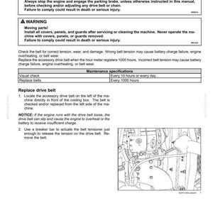 May include: A page from a maintenance manual detailing how to replace a drive belt. The text includes warnings about entanglement hazards and moving parts. Instructions are provided for checking and replacing the belt, along with a diagram of the engine components.