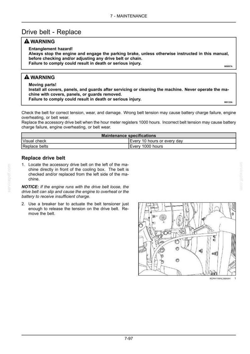 May include: A page from a maintenance manual detailing how to replace a drive belt. The text includes warnings about entanglement hazards and moving parts. Instructions are provided for checking and replacing the belt, along with a diagram of the engine components.