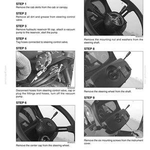 May include: Diagram of a steering control valve removal process, with step-by-step instructions and accompanying images. Includes close-ups of the steering wheel, hoses, and instrument panel. Text instructions are provided.
