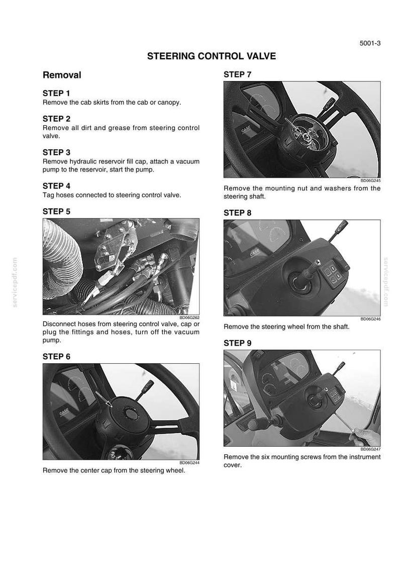 May include: Diagram of a steering control valve removal process, with step-by-step instructions and accompanying images. Includes close-ups of the steering wheel, hoses, and instrument panel. Text instructions are provided.