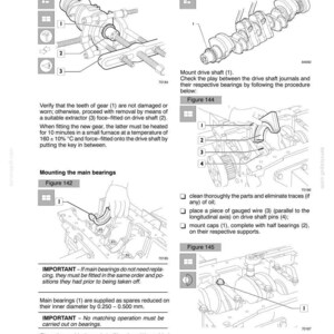 May include: Diagrams and instructions for a 667TA engine overhaul, including replacing oil pump drive gears, measuring journal play, and mounting main bearings. Includes figures 141, 142, 143, 144, and 145, with detailed steps and specifications.