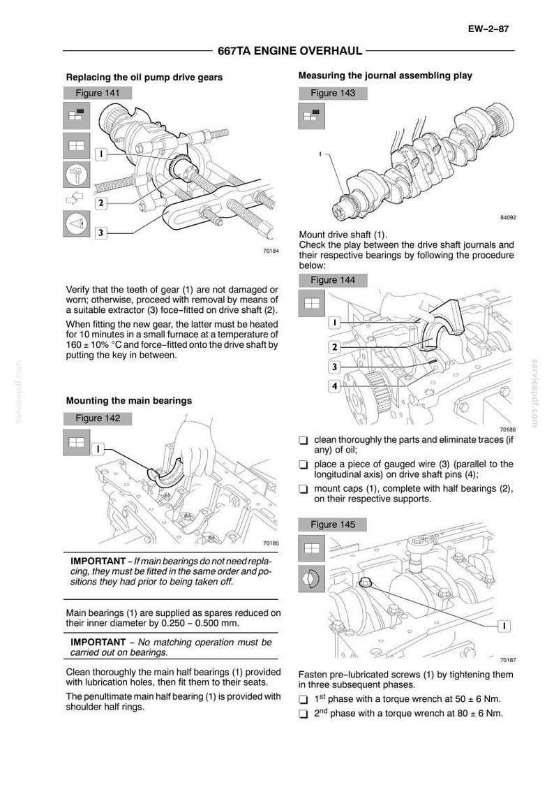 May include: Diagrams and instructions for a 667TA engine overhaul, including replacing oil pump drive gears, measuring journal play, and mounting main bearings. Includes figures 141, 142, 143, 144, and 145, with detailed steps and specifications.