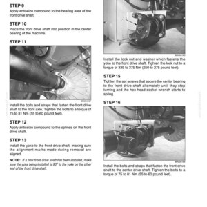 May include: Diagram of a front drive shaft installation guide with detailed steps and images. Includes instructions for applying antiseize compound, tightening bolts, and installing the yoke. Text includes torque specifications in pound-feet.