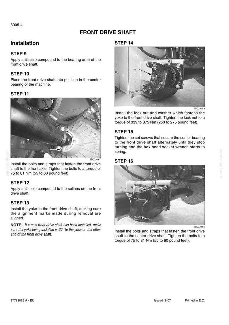 May include: Diagram of a front drive shaft installation guide with detailed steps and images. Includes instructions for applying antiseize compound, tightening bolts, and installing the yoke. Text includes torque specifications in pound-feet.