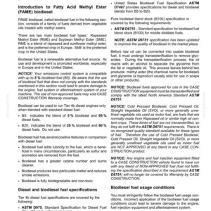 May include: A page from a maintenance manual detailing biodiesel fuels. It covers specifications, usage conditions, and blends like B5 and B20. The text includes information on ASTM standards and the use of biodiesel in CASE CONSTRUCTION equipment.