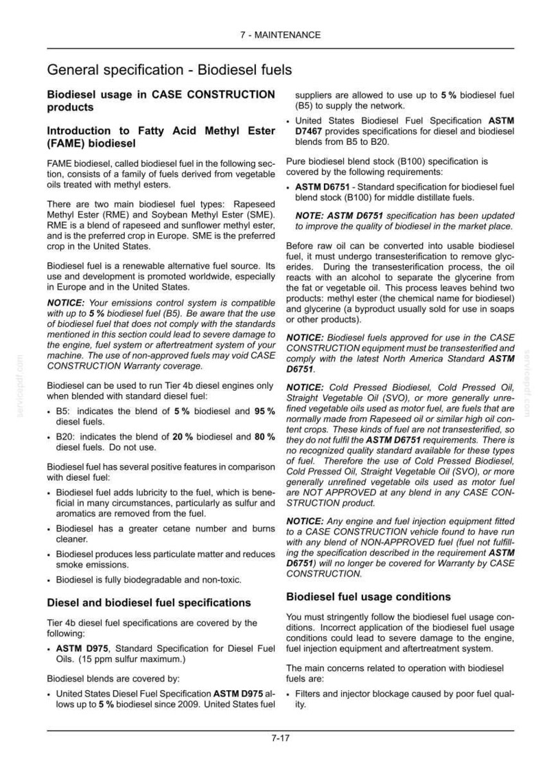 May include: A page from a maintenance manual detailing biodiesel fuels. It covers specifications, usage conditions, and blends like B5 and B20. The text includes information on ASTM standards and the use of biodiesel in CASE CONSTRUCTION equipment.