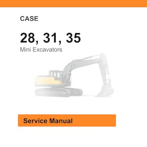 Pu&ograve; includere: L'immagine presenta la parola "CASE" in alto, seguita dai numeri "28, 31, 35" e dalle parole "Mini Excavators". Sotto, un'immagine sbiadita di un mini escavatore. In basso, un rettangolo arancione con la scritta "Service Manual".