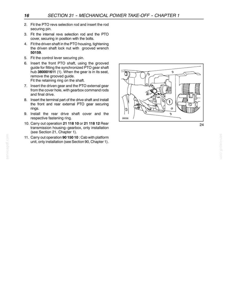 May include: A page from a manual with the title "SECTION 31 - MECHANICAL POWER TAKE-OFF - CHAPTER 1". The page includes numbered instructions and a diagram of mechanical components. The diagram shows a detailed illustration of parts.