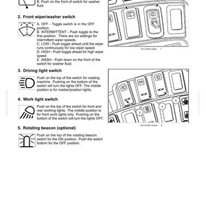May include: A technical manual page titled 3-CONTROLS/INSTRUMENTS showing switch operations for a vehicle. It includes numbered diagrams of a control panel with icons for rear wiper, front wiper/washer, driving light, work light, and rotating beacon.