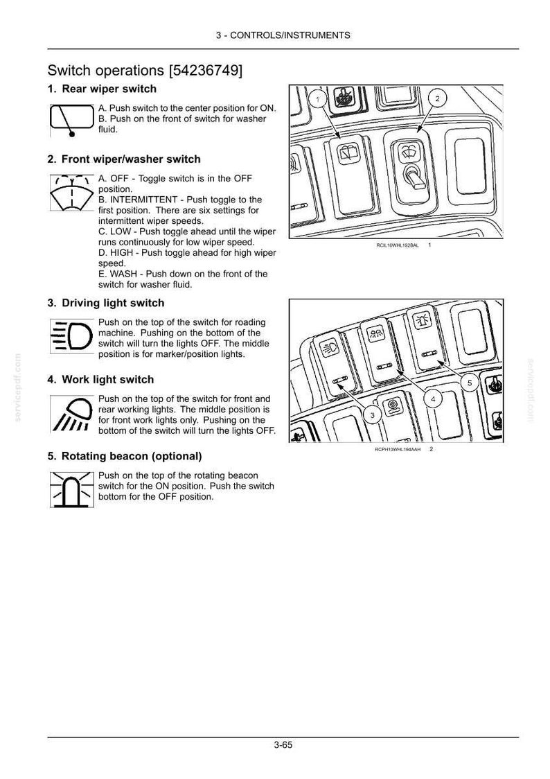 May include: A technical manual page titled 3-CONTROLS/INSTRUMENTS showing switch operations for a vehicle. It includes numbered diagrams of a control panel with icons for rear wiper, front wiper/washer, driving light, work light, and rotating beacon.