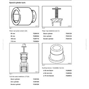 May include: Technical handbook page with diagrams of special cylinder tools. Includes piston nut socket wrench, wiper ring installation tool, and tool kits seals installation. Measurements are in millimeters.