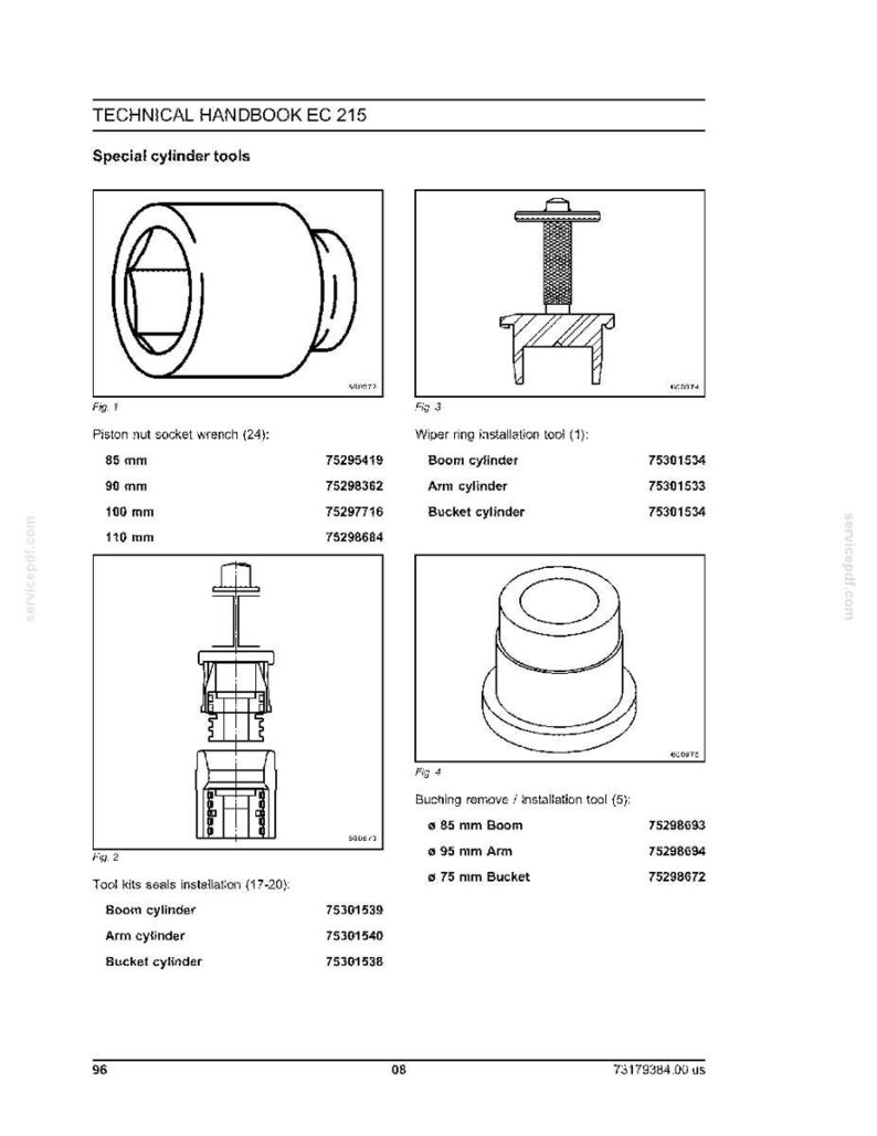 May include: Technical handbook page with diagrams of special cylinder tools. Includes piston nut socket wrench, wiper ring installation tool, and tool kits seals installation. Measurements are in millimeters.