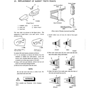 May include: A technical manual page titled 21. REPLACEMENT OF BUCKET TOOTH POINTS, featuring black and white line drawings, diagrams, and instructional text for replacing excavator bucket teeth, including rubber locks, pins, and adapters.