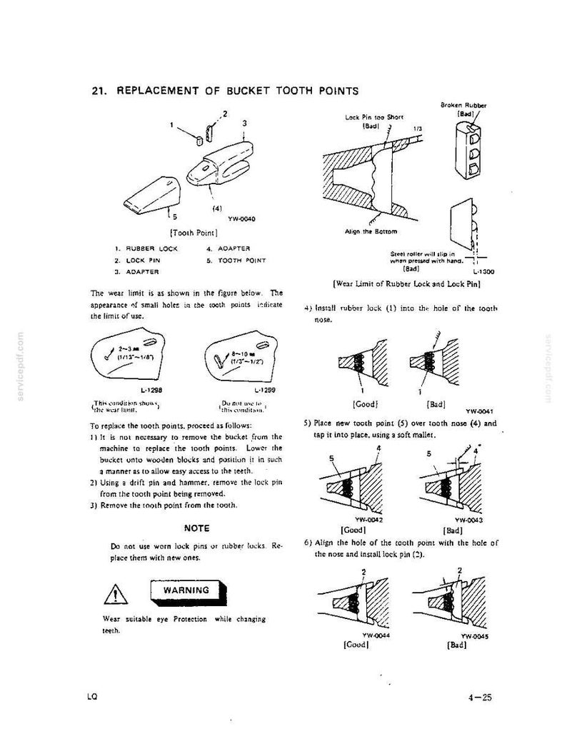 May include: A technical manual page titled 21. REPLACEMENT OF BUCKET TOOTH POINTS, featuring black and white line drawings, diagrams, and instructional text for replacing excavator bucket teeth, including rubber locks, pins, and adapters.