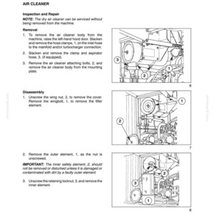 以下が含まれることがあります： SECTION 10 - ENGINE - CHAPTER 4と題された技術マニュアルのページで、エアクリーナーの分解と修理について詳述しています。エンジンコンポーネントと番号付きパーツを示す、6、7、8とラベル付けされた3つの白黒の線画が含まれています。
