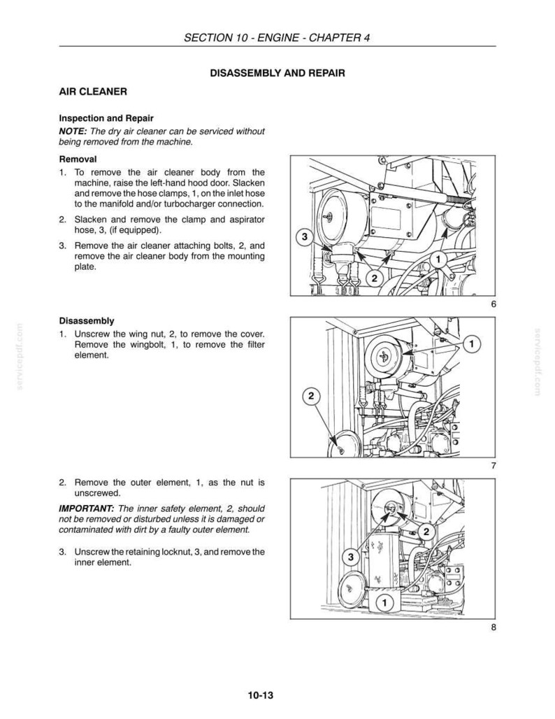 以下が含まれることがあります： SECTION 10 - ENGINE - CHAPTER 4と題された技術マニュアルのページで、エアクリーナーの分解と修理について詳述しています。エンジンコンポーネントと番号付きパーツを示す、6、7、8とラベル付けされた3つの白黒の線画が含まれています。