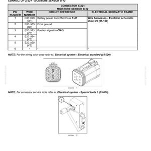May include: Component diagram 22 for wire connectors, detailing the CONNECTOR X-221 moisture sensor B-12. Includes a table with pin and wire numbers, circuit references, and electrical schematic frame information. Also shows diagrams of electrical components.