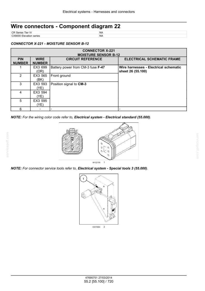 May include: Component diagram 22 for wire connectors, detailing the CONNECTOR X-221 moisture sensor B-12. Includes a table with pin and wire numbers, circuit references, and electrical schematic frame information. Also shows diagrams of electrical components.
