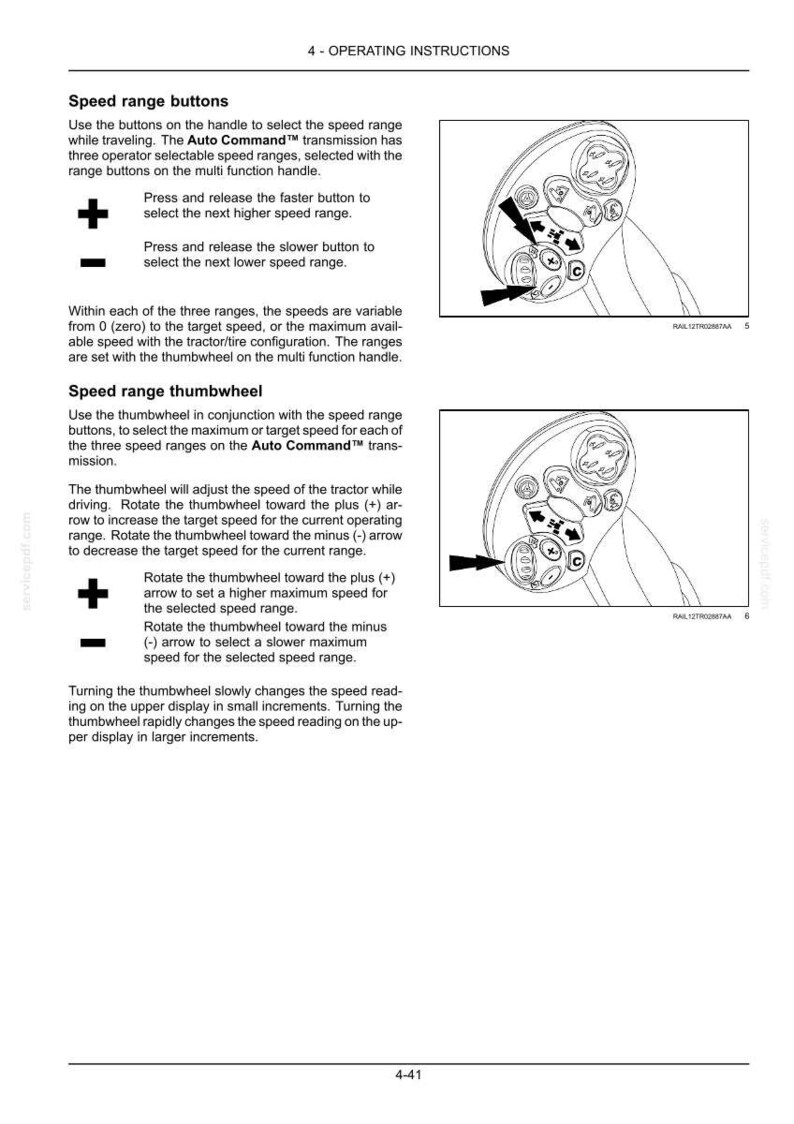 Pu&ograve; includere: Una pagina di documento tecnico intitolata 4 - OPERATING INSTRUCTIONS con testo e due diagrammi di un'impugnatura multifunzione. I diagrammi evidenziano i pulsanti della gamma di velocit&agrave; e una rotellina con frecce che indicano i comandi.