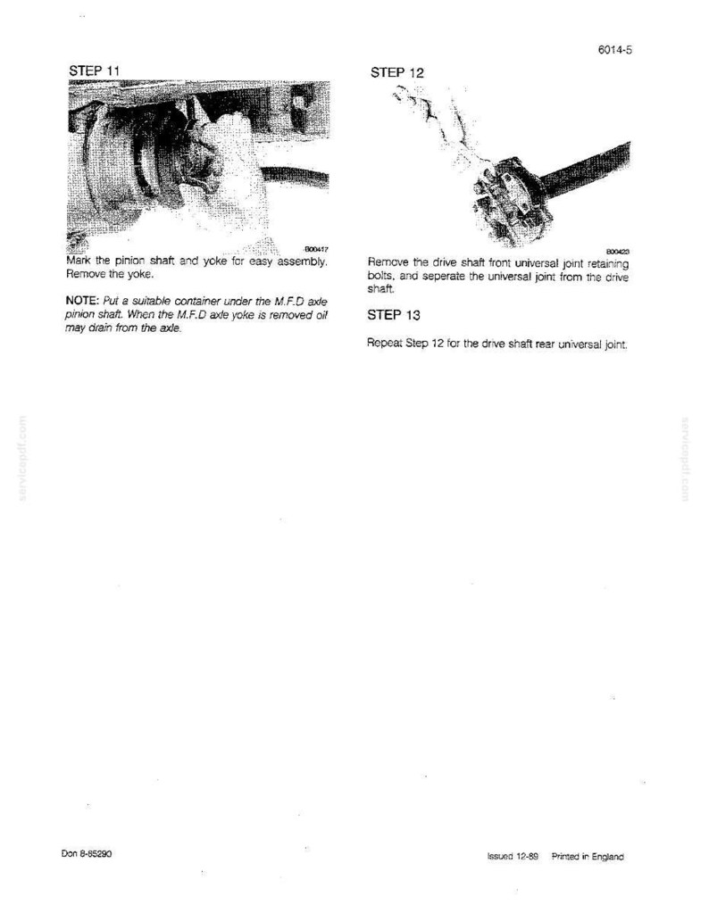 May include: Technical diagram with instructions for automotive repair. Step 11 shows a close-up of a mechanical component with text. Step 12 illustrates removing a universal joint. Step 13 repeats the process. Text includes safety notes.