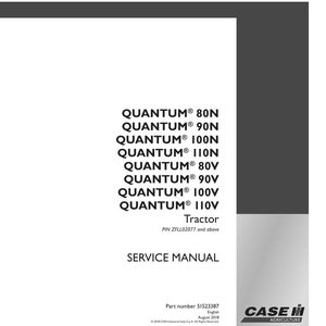 Op de afbeelding: Een witte servicehandleiding met de tekst "QUANTUM" gevolgd door tractormodelnummers. De handleiding bevat de tekst "SERVICE MANUAL" en het Case IH Agriculture-logo. Met onderdeelnummer en datum.