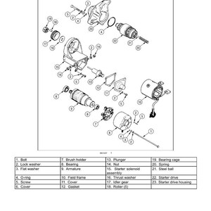May include: Sectional view diagram of an engine starter, showcasing various components like bolts, washers, and the armature. The diagram is labeled with numbers and names for each part, providing a detailed technical illustration.
