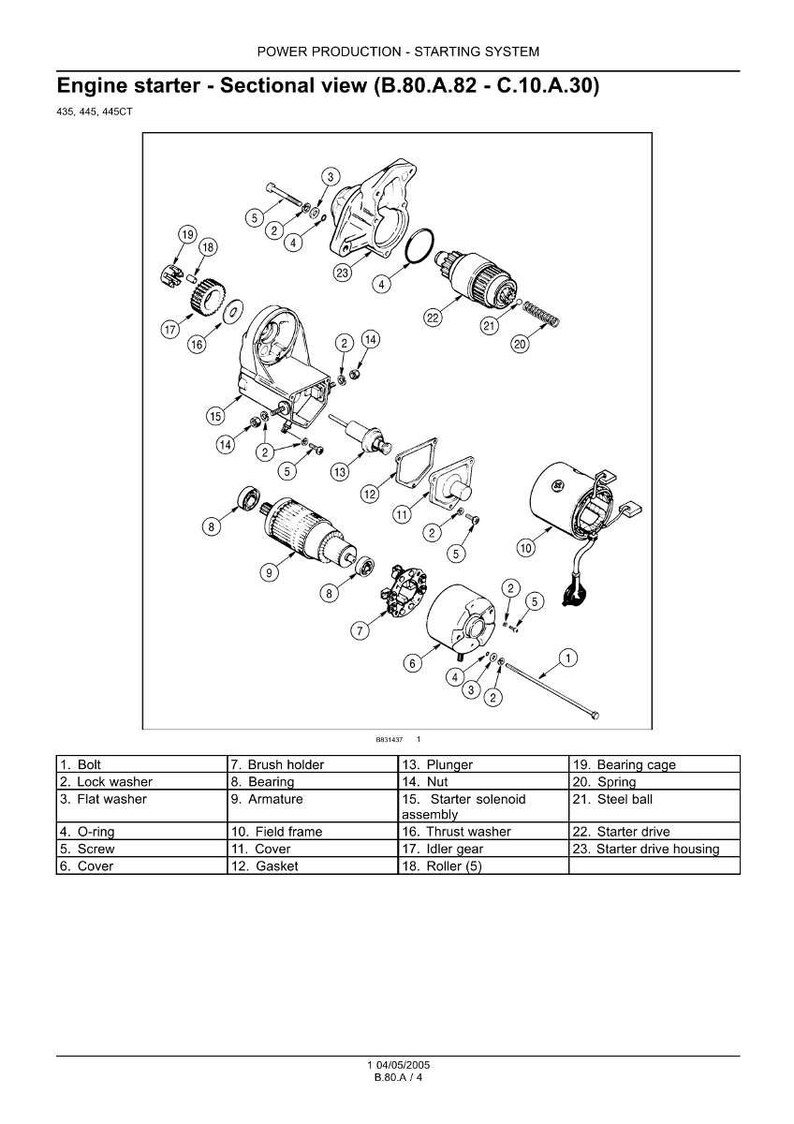 May include: Sectional view diagram of an engine starter, showcasing various components like bolts, washers, and the armature. The diagram is labeled with numbers and names for each part, providing a detailed technical illustration.